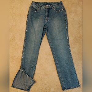 Vintage Newport News Jeanology Flare Jeans w Hem Split & Studs Down Sides.